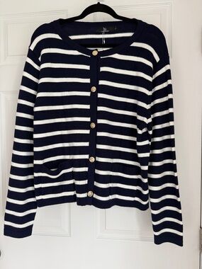 Striped Navy and White Button-Front Sweater Cardigan